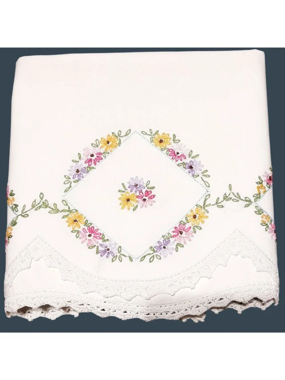 Vtg Floral Embroidered Pillowcases Lace Trim Pastel Yellow Pink Purple Flowers